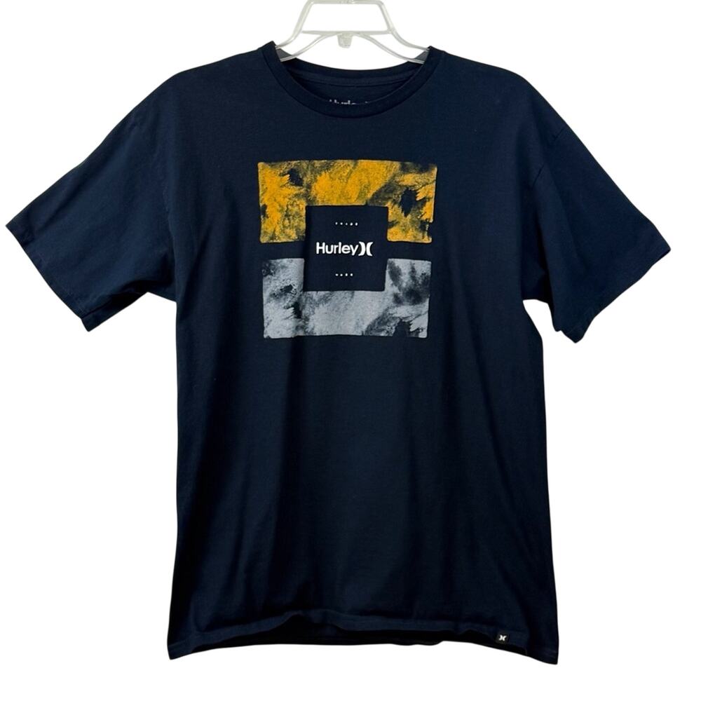 Hurley Navy Graphic Print T Shirt Gold and Light Blue Print Logo - Picture 9 of 16